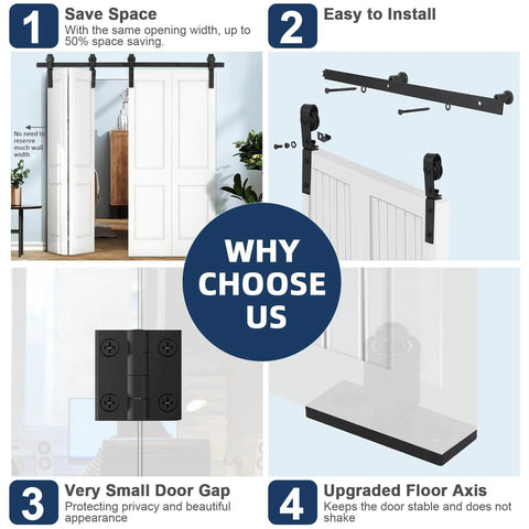Beefed Up Bifold Barn Door Hardware Kit For Four Doors Side Mounted Black J Shape Rollers Heavy Duty Steel Supports Up To 400 Lbs Six Foot Track Silent Operation And Smooth Glide For Everyday Home Use collage image showing installation and features.