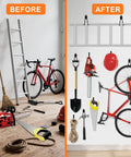 Heavy Duty Wall Garage Hooks Set Steel Anti Slip Utility Hangers For Ladders Bikes Hose Garden Tools Coats And Gear Rustproof Includes Mounting Hardware Black 10 Pack organizing tools and bikes on a wall.