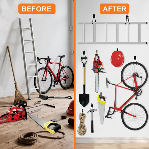 Heavy Duty Wall Garage Hooks Set Steel Anti Slip Utility Hangers For Ladders Bikes Hose Garden Tools Coats And Gear Rustproof Includes Mounting Hardware Black 10 Pack organizing tools and bikes on a wall.