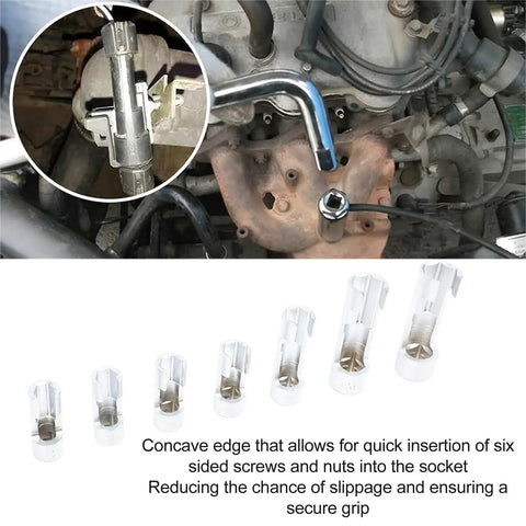 Pro Grade 7 Piece O2 Sensor Socket Set With Cross Hole Design For Rapid Oxygen Sensor Extraction, showcasing sockets on engine.