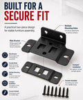 Diagram of black bracket with screws and features, for Beefy Stainless Steel Corner Brackets For Furniture L Shape Joint Braces