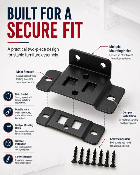 Diagram of black bracket with screws and features, for Beefy Stainless Steel Corner Brackets For Furniture L Shape Joint Braces