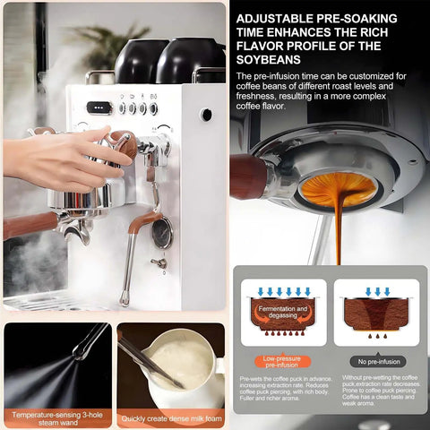 All In One Hot And Cold Milk Frother Steamer With 2850W Power 15 Bar Pressure and 58mm Group Head in use, creating coffee.