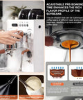 Top Shelf Espresso Machine With Built In Milk Frother Steam Wand 2850W Compact Brewer 1.6L Removable Tank 58mm Portafilter coffee extraction process.