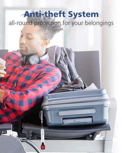 Person relaxing with luggage, highlighted anti-theft system; G6 Sport Hidden Camera Bug Detector With Anti Theft System