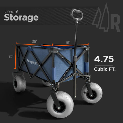 Beach Wagon With Big Wheels For Sand All Terrain Steel Frame Utility Cart With 9 Inch Pneumatic Tires Collapsible Folding Design Sand Warrior RX800 Heavy Duty in navy blue, showing dimensions.