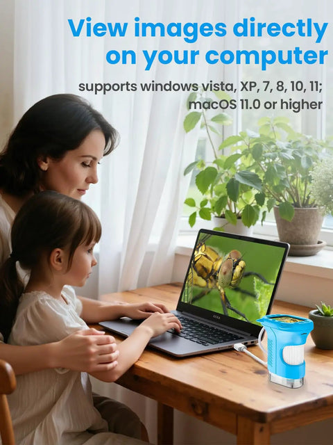 Kids Handheld Digital Microscope 1000X Magnification With 2.4 Inch HD Screen 2MP Images Durable ABS Silicone Build Blue on laptop