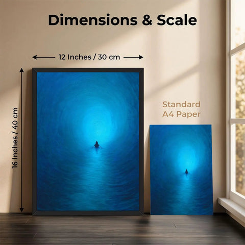 Black Framed Abstract Blue Ocean Rowing Boat Poster Canvas Print Art Modern Minimalist Aesthetic Wall Decor For Living Room Bedroom Office High Quality Waterproof Fade Resistant Canvas Vibrant True To Life Colors, 12x16 inches, shown with A4 size comparison