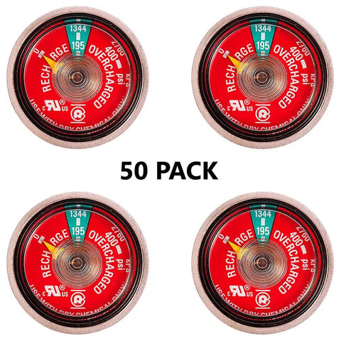 50 Pack 195 Psi Dry Chemical Fire Extinguisher Pressure Gauges UL Rated with red dials, showing pressure measurements.