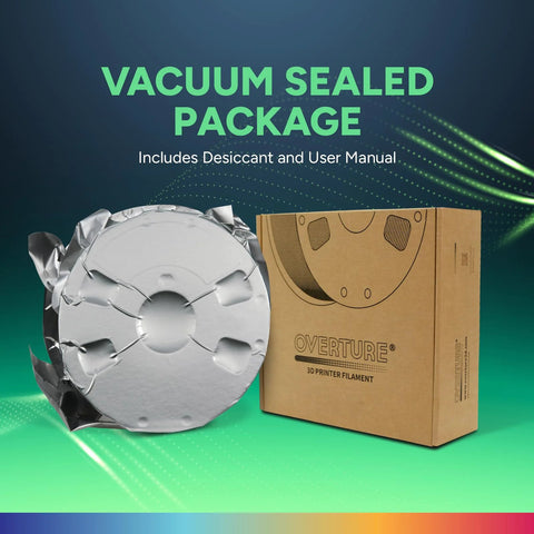 Front view: Overture TPU filament spool with vacuum-sealed packaging and cardboard box.