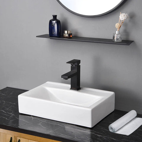 Porcelain Bathroom Vessel Sink 18 By 12 Inch Rectangle With Pop Up Drain For Wall Mount Or Countertop, White Minimalist Modern Lavatory Basin