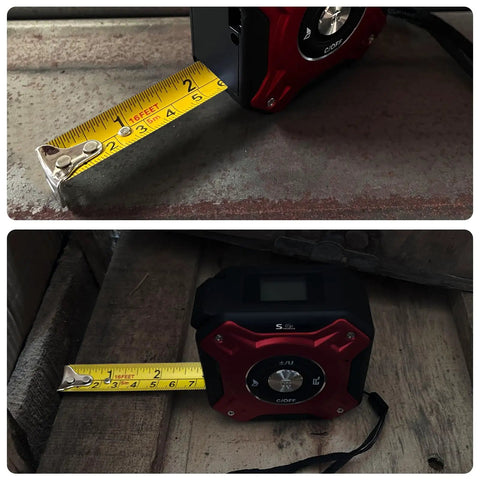 Two In One Laser Tape Measure With Level And Backlit LCD 131 Ft Laser Distance Meter 16 Ft Auto Lock Tape Ft In Fractions Mm Red on wood