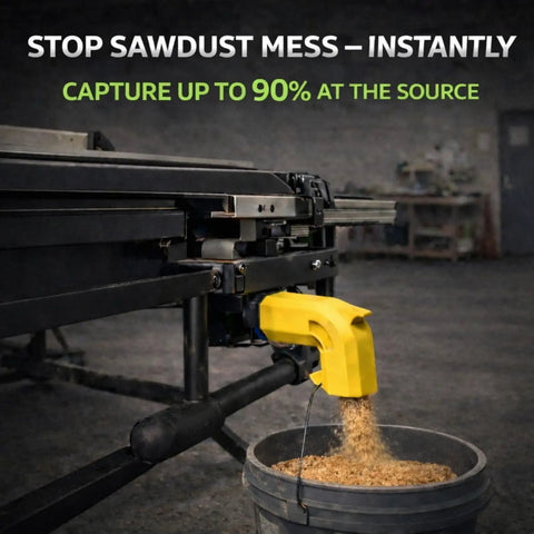 Dual Port Dust Collection Adapter For Table Saws 2.5 Inch, 62 To 66mm Universal Fit, installed collecting sawdust in workshop.