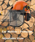 All In One Industrial Forestry Safety Helmet With Adjustable Mesh Face Shield And Ear Muffs For Chainsaw Use Eye And Hearing Protection Arborist Gear Pro Grade PPE For Outdoor Forestry Tasks Orange in front of logs.