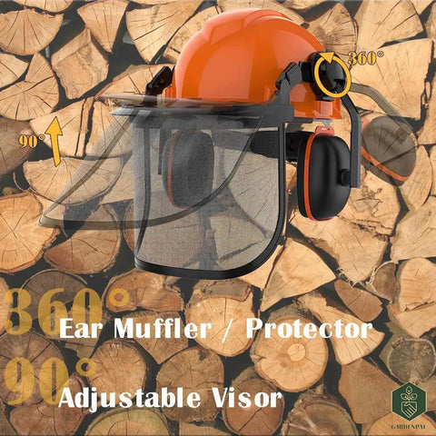 All In One Industrial Forestry Safety Helmet With Adjustable Mesh Face Shield And Ear Muffs For Chainsaw Use Eye And Hearing Protection Arborist Gear Pro Grade PPE For Outdoor Forestry Tasks Orange in front of logs.