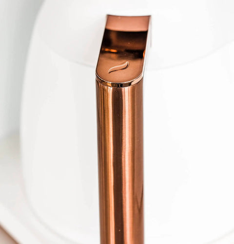 Copper handle on Smart Drip Coffee Maker With 10 Cup Insulated Carafe WiFi Enabled Voice To Brew Technology Matte White SCA Certified
