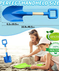 Mother and child using 16 Inch Beach Sand Shovel Toy For Kids, Jumbo Garden Scoop Tool Kit, with blue and green shovels on sand