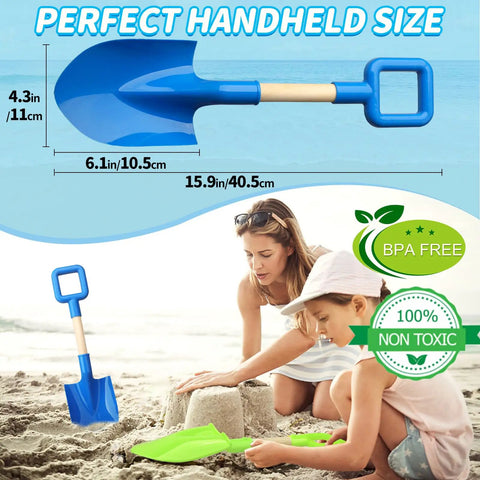 Mother and child using 16 Inch Beach Sand Shovel Toy For Kids, Jumbo Garden Scoop Tool Kit, with blue and green shovels on sand