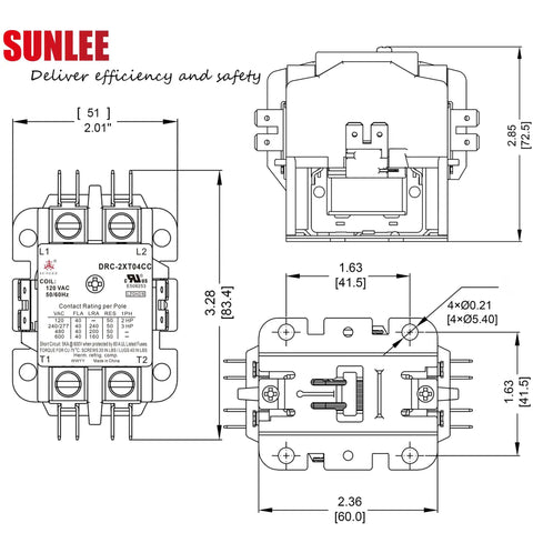 Technical diagram of Heavy Duty 2 Pole 40 Amp Contactor With 120V Coil UL Listed For HVAC Condensers And Compressors Replaces 2 Pole Units 20 25 30 35 40 Amp 50 Amp Lighting Load Equivalent To 42CF15AF