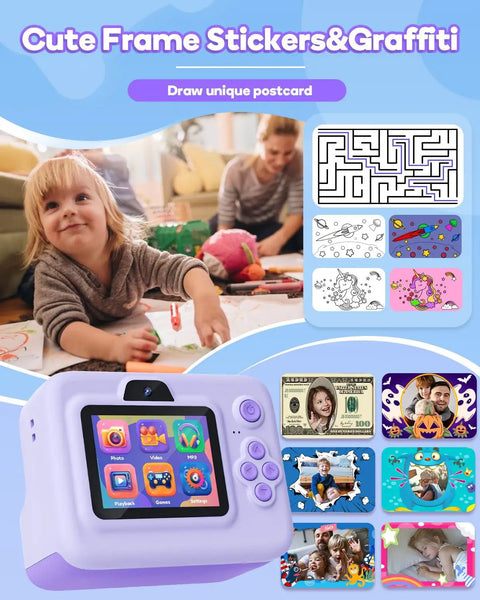 Instant Print Camera For Kids With 2.4 Inch Screen And Quick Photo Printing, Fun Portable Gift For Christmas Or Birthday, Ideal For Ages 3 To 12, Purple Color, Includes 32GB Memory Card, Lanyard, And Three Printing Paper Rolls Included, with frame stickers and graffiti