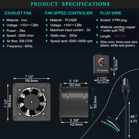 Through Wall Kitchen Exhaust Fan With Stepless Speed Control For Powerful Quiet Ventilation In Bathroom Garage Or Workshop External Rotor Motor All Copper Coil Double Ball Bearing Removable Variable Speed Controller And Easy DIY Install product specifications including dimensions and materials.