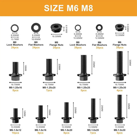 252 Piece M6 M8 Grade Ten Point Nine Hex Flange Head Bolts Nuts Flat Washers Lock Washers Black Zinc Plated Alloy Steel Metric Fastener Set for Auto Repair and Machinery Modifications DIY Friendly diagram with sizing and quantities
