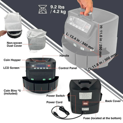 Plug And Play Usd Coin Counter And Automatic Wrapper Machine with Crisp Lcd Panel features handle, LCD screen, and coin bins.