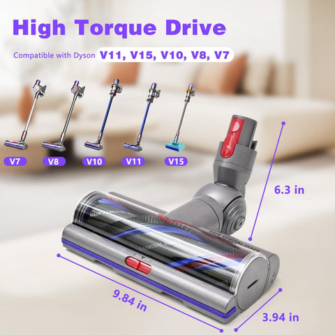 Upgrade High Torque Beefy Brush Head Replacement Vacuum Head for V7 V8 V10 V11 V15 cordless models shown with measurements