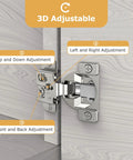 Fifty Piece One Half Inch Overlay Soft Close Concealed Cabinet Hinge Set with 3D adjustable features and 105 degree opening installed.