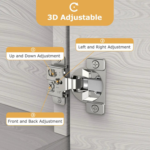 Heavy Duty 20 Piece Soft Close Concealed Cabinet Hinges For Face Frame Doors Half Overlay 3D adjustable hinge with adjustment markers.
