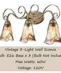 Vintage Vanity Light Fixture Rustic Bathroom Wall Sconce Three Light With Amber Glass Shade, Rubbed Bronze Finish