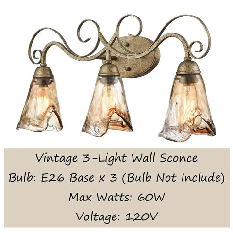 Vintage Vanity Light Fixture Rustic Bathroom Wall Sconce Three Light With Amber Glass Shade, Rubbed Bronze Finish