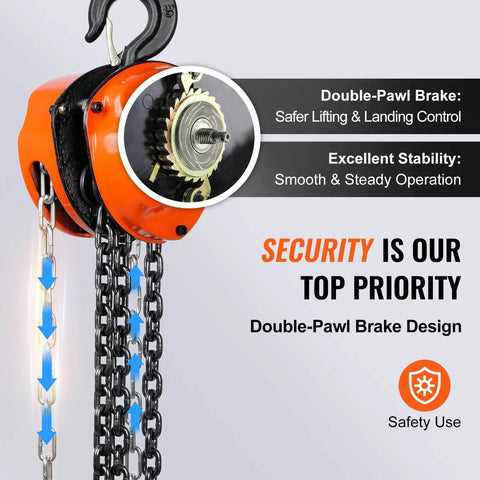 1 Ton Hand Chain Hoist 20 Ft Lift 2200 Lbs G80 Galvanized Chain with Double Pawl Brake and Auto Chain Leading, close-up view