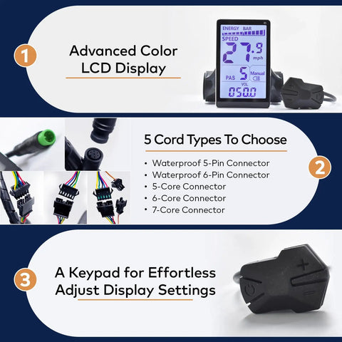 Ebike Display M5 With UART No 2 Protocol For 24V To 60V Systems LCD display with 5-pin connector and settings keypad