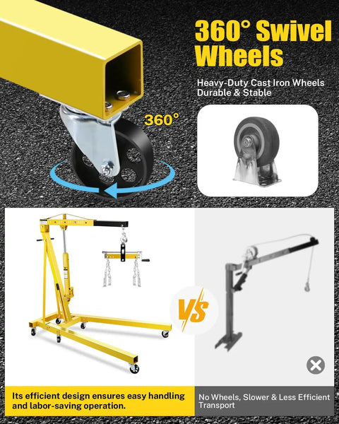 360° swivel caster wheel on Heavy Duty Bad Boy Hydraulic Shop Crane for easy mobility and stability while lifting.