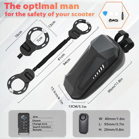 Heavy Duty Electric Scooter Lock With Alarm And Remote Locking Waterproof 37 Inch Bike Chain Security Lock Kit With Key Anti Theft Alarm Ideal For EScooters Bicycles And Motorcycles, lock components and dimensions visible