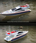 2.4G Wireless RC Speed Demon Racing Boat With Luxury Yacht Styling floating on water, showcasing realistic hull design and structure.