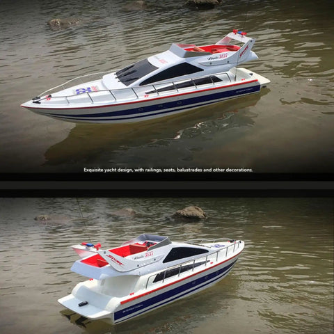 2.4G Wireless RC Speed Demon Racing Boat With Luxury Yacht Styling floating on water, showcasing realistic hull design and structure.