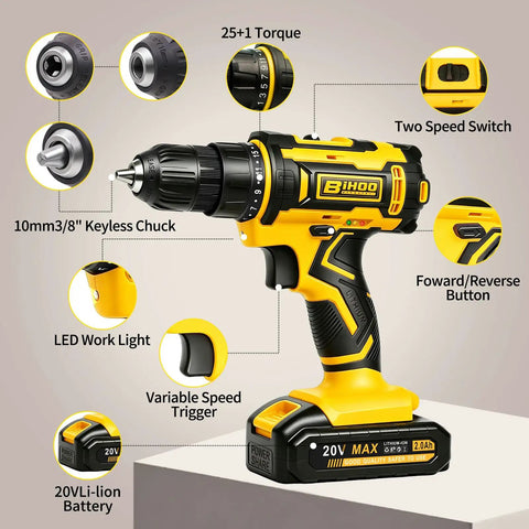 20 Volt Cordless Drill And Driver Combo Pack With Long Lasting Battery And Quick Charge Adapter Boasting Two Speed Modes and 25+1 Torque Adjustments