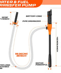 Battery Powered Portable Fuel Transfer Pump With 47 Inch Hose for easy gasoline and water siphoning, showing dimensions