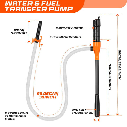 Battery Powered Portable Fuel Transfer Pump With 47 Inch Hose for easy gasoline and water siphoning, showing dimensions