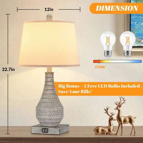 Two Rustic Vase Table Lamps For Bedroom And Living Room, Touch Activated Bedside Lamps With USB Ports, 3 Way Dimmable Nightstand Lighting, Includes 2700K Edison Bulbs, Cozy Modern Farmhouse Vibe
