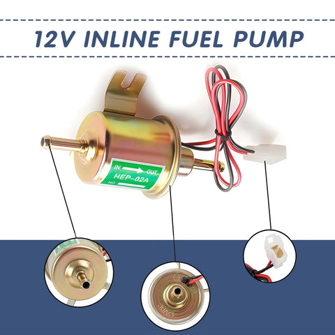 12V Inline Fuel Pump Beefy Low Pressure 3 To 5 Psi Copper Clad Body Model HEP 02A shown with wires and connectors