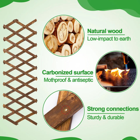 Expandable Wood Wall Trellis for Climbing Plants Outdoor 2-Pack showing natural wood, carbonized surface, strong connections