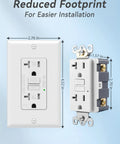 Top Shelf 20 Amp GFCI Outlet With Auto Self Triggering Ground Fault Breaker And Bright Led Light Weather Proof Receptacle dimensions showing reduced footprint for easy installation.