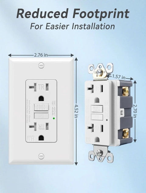 Top Shelf 20 Amp GFCI Outlet With Auto Self Triggering Ground Fault Breaker And Bright Led Light Weather Proof Receptacle dimensions showing reduced footprint for easy installation.