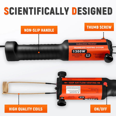 Stuck Bolt Rescue Induction Heater Kit 1300W 110V Magnetic Induction Tool with 3 Coils, non-slip handle, thumb screw visible