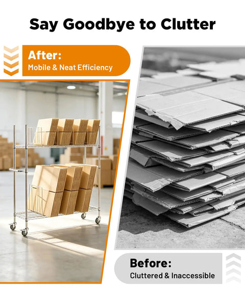 Heavy Duty Wire Carton Cart Rolls Smooth As Butter With Two Sturdy Shelves For Packing Stations, organized with boxes, clutter-free warehouse.
