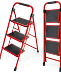 Lightweight 3 Step Folding Ladder With Non Slip Wide Pedals And Handy Handle Beefy Heavy Duty Steel Build Red Finish 333 Lb Capacity