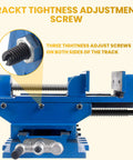 Badass Six Inch Cross Slide Drill Press Vise And Heavy Duty Bench Vice with track tightening adjustment screw close-up.